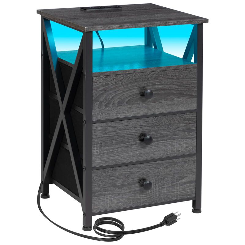 AMHANCIBLE LED Nightstand with Charging Station, Smart End Side Table with USB Port & Power Outlet, Bedside Table with Fabric Dr