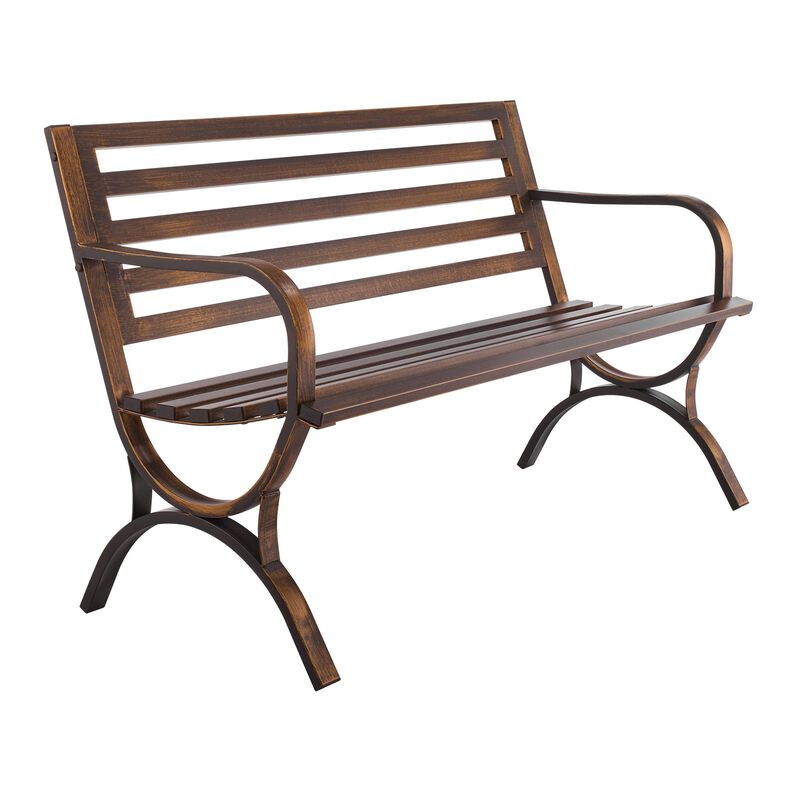 Outdoor Metal Bench with Slatted Backrest, Weatherproof Patio Garden Bench Bronze image number 8