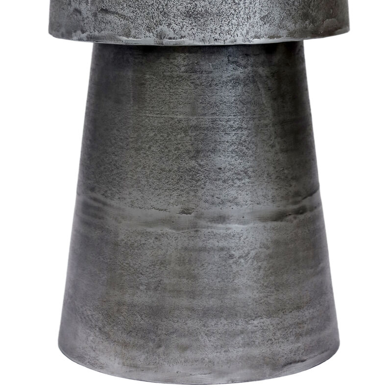 Vintage 23.6 Inch Accent Side Table, Round Top, Antique Silver Cast Aluminum Drum Base