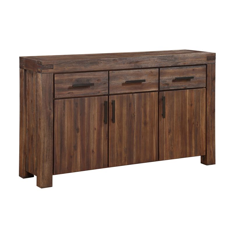 Three Drawers Solid Acacia Wood Sideboard with Three Door Cabinets, Brick Brown