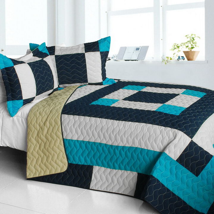 Sea Center Patchwork Quilt Set 3 Piece Queen Size with Vermicelli Quilting-Blue