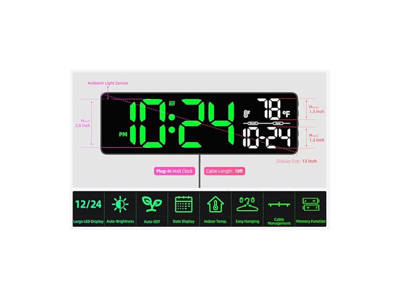 LED Digital Date Temperature Auto Wall Clock Farmhouse Living Room Decor image number 2