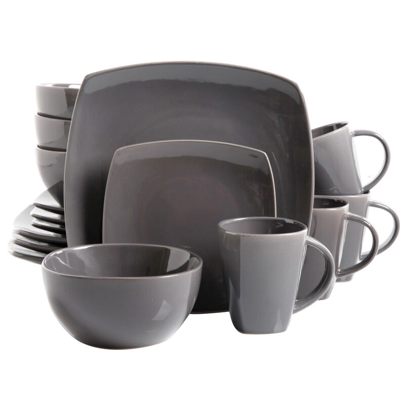Gibson Elite Soho Lounge 16-Piece Soft Square Dinnerware Set, Grey