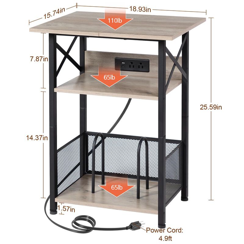 AMHANCIBLE Record Player Stand with Charging Station, Large Turntable Stand with Storage Cabinet, 3 Tier End Table Hold Up to 10