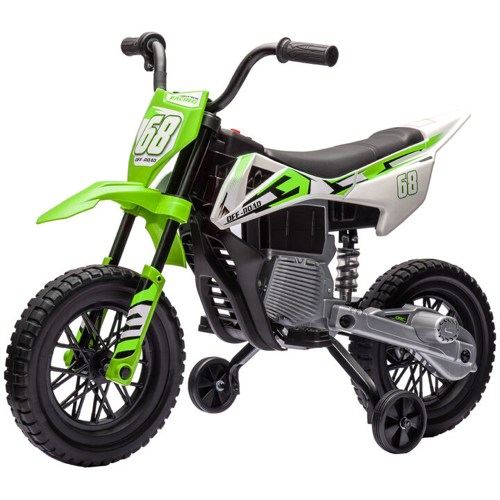 BreeBe 12V Kids Electric Motorcycle w/ Twist Grip Throttle, Training Wheels, Rear Suspension & Music