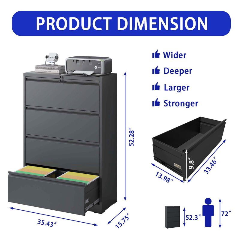 Lateral File Cabinet 4 Drawer, Filing Cabinet with Lock, Lockable File Cabinet for Home Office, Locking Metal File Cabinet for Legal/Letter/A4/F4 Size image number 2