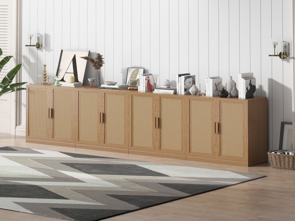 72" High Wicker Door Wood Grain Decorative Storage Cabinet with 12 Shelves