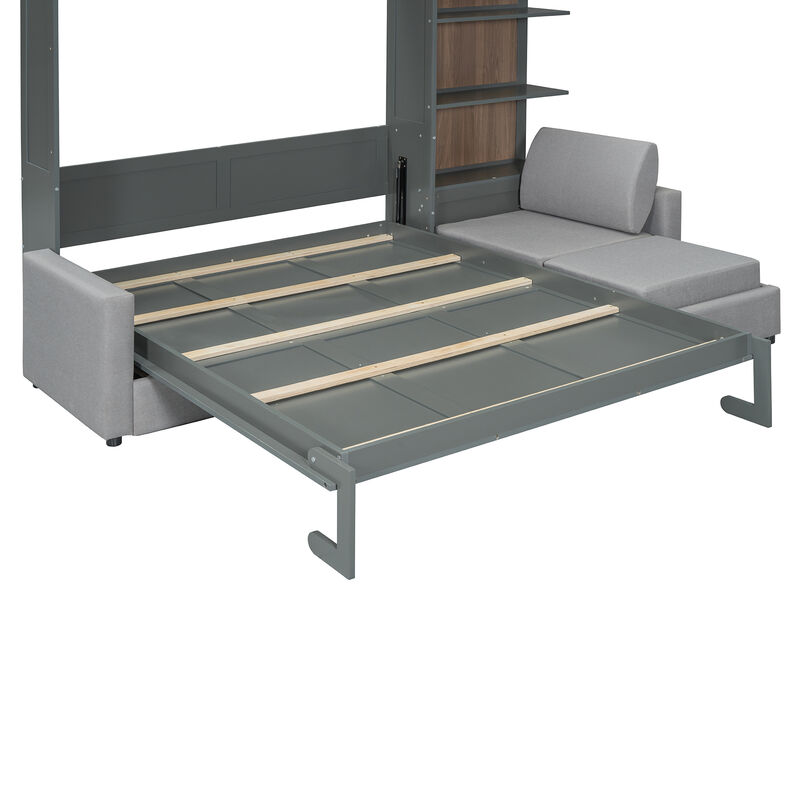 Whisen Queen Size Murphy Bed Wall Bed with Sofa and Shelves