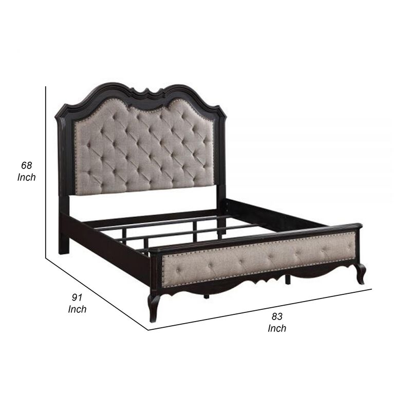 Benjara Chery King Size Bed with Button Tufted Headboard, Upholstery, Beige, Black