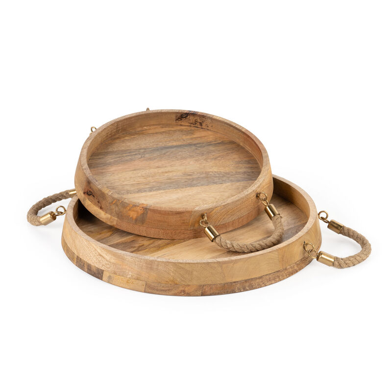 HomeRoots Set of Two Brown Round Solid Wood Serving Trays With Handles image number 4