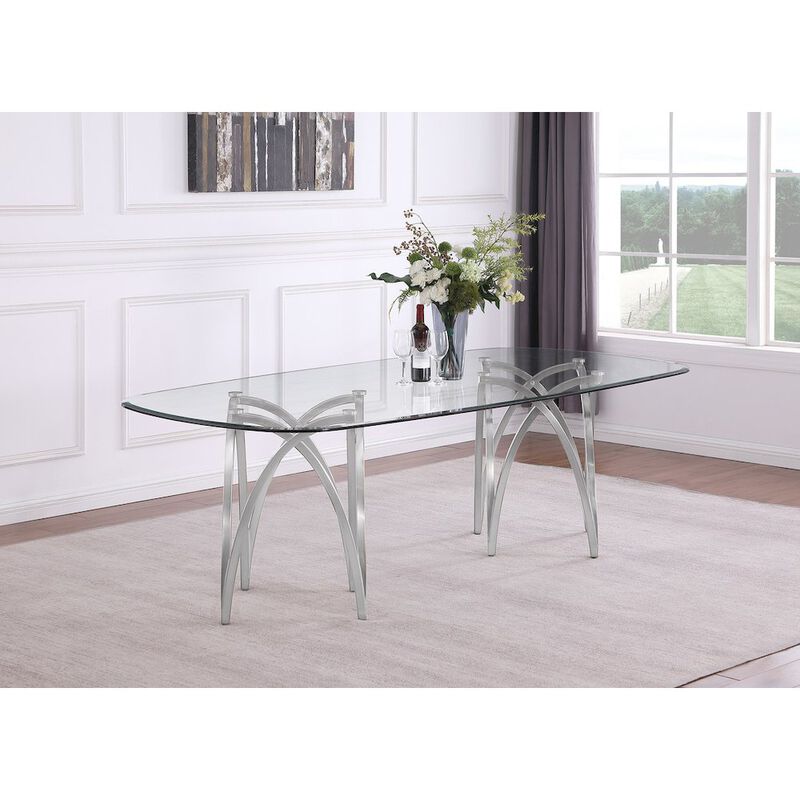 Best Quality Furniture Large Clear Tempered Glass Dining Table Brushed Silver Matte Chrome-Plated Base