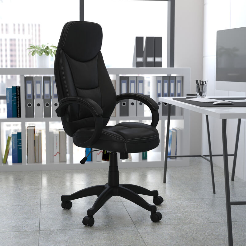 Leonard High Back Black LeatherSoft Contemporary Executive Swivel Ergonomic Office Chair with Curved Back and Loop Arms