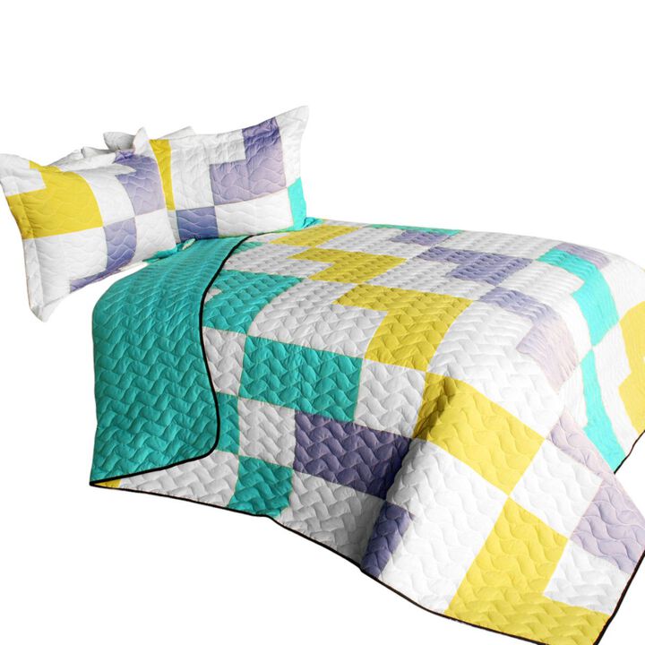 Queen Size 3-Piece Vermicelli Quilted Patchwork Quilt Set with Matching Shams