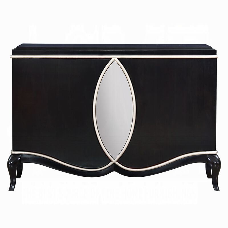2 Door Cabinet Console, Mirror Trim Inlay, Scalloped Base, Black 50 Inch image number 2