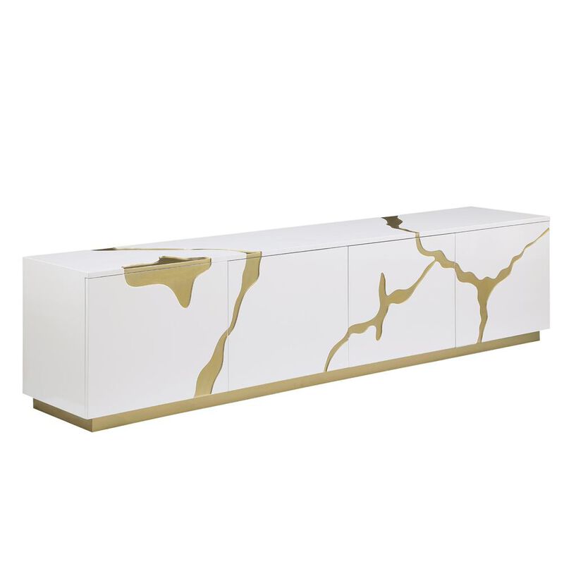 Best Master Furniture Ronnie White Lacquer T.V Stand with Gold Accents