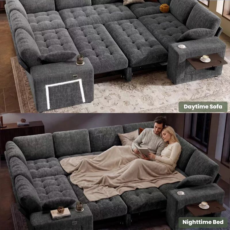 Vipbear 110" Modular Sectional Sleeper Sofa, 8-Seater Chenille U-Shaped Couch with Pull-Out Beds image number 8