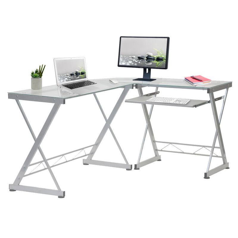 Techni Mobili L-Shaped Tempered Glass Top Computer Desk With Pull Out Keybaord Panel. Color: Clear