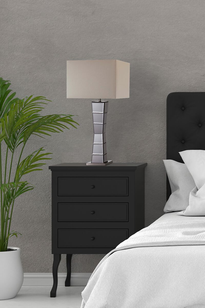 Hivvago Black Glass Tower Table Lamp with Beige Fabric Shade