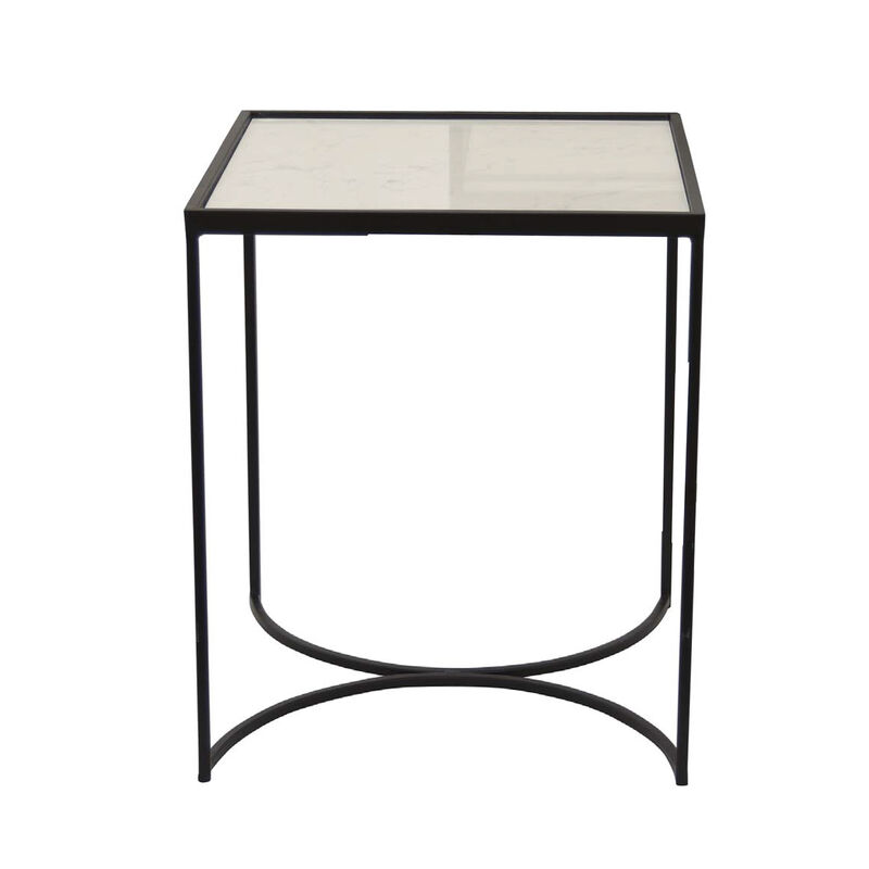 24 Inch Plant Stands Set of 2, White Marble Top, Minimalist Black Frame - Benzara
