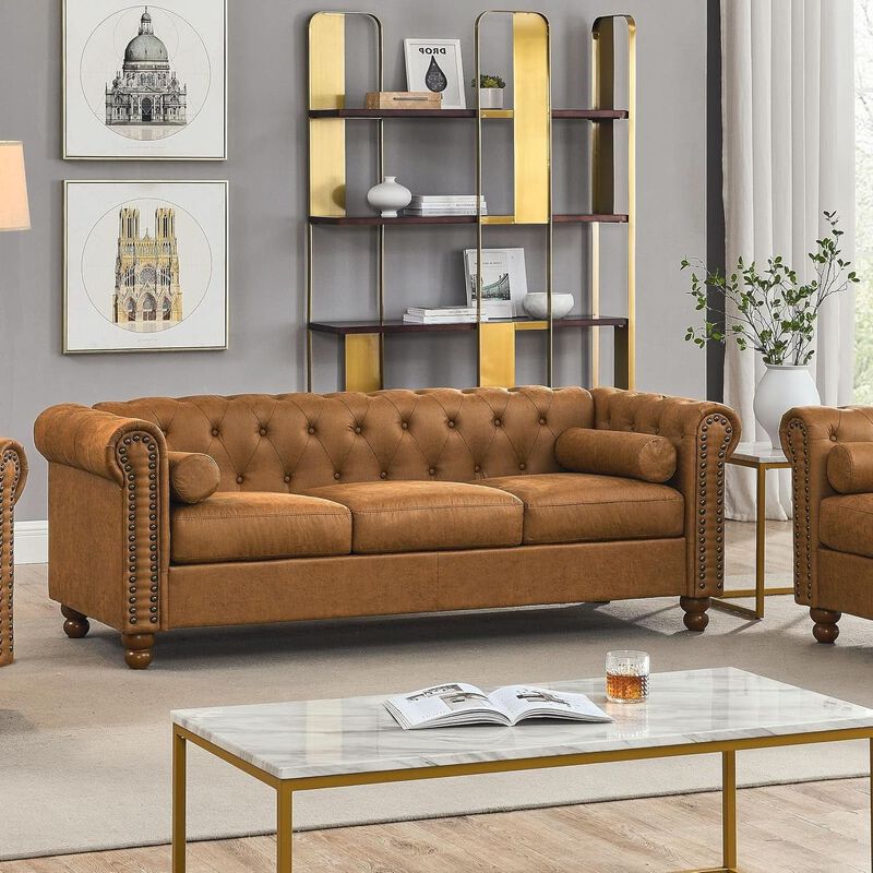 ShipItFurniture Two-Piece Air Leather Chesterfield Sofa and Club Chair Set, Brown image number 3