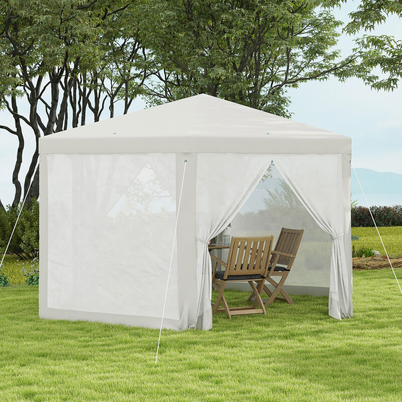 Outsunny 13' x 11' Outdoor Party Tent, Hexagon Sun Shade Shelter Canopy with Protective Mesh Screen Sidewalls, Ropes & Stakes, Cream White