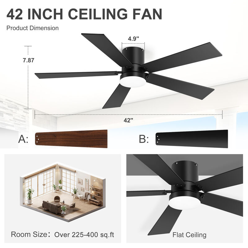 Breezary 2-Pack 42" LED Ceiling Fan with Light, 5 Blade, 6 Speed, Quiet Flush Mount, Remote image number 5