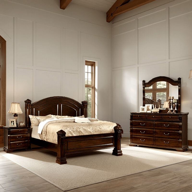 Koi 4 Piece King Bedroom Set, Intricate Trim, Post, Cherry Brown Wood - Benzara