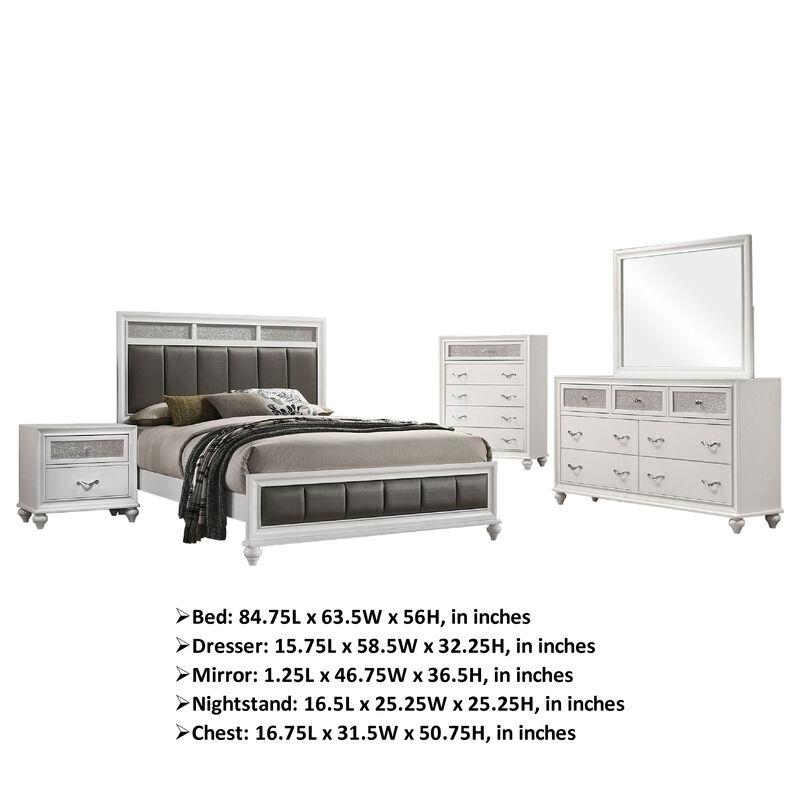 Dini 5pc Queen Bedroom Set, Gray Faux Leather Grid Upholstery, White