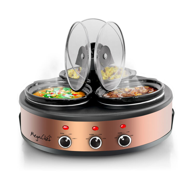 MegaChef Round Triple 1.5 Quart Slow Cooker and Buffet Server in Brushed Copper and Black Finish with 3 Ceramic Cooking Pots and Removable Lid Rests image number 2