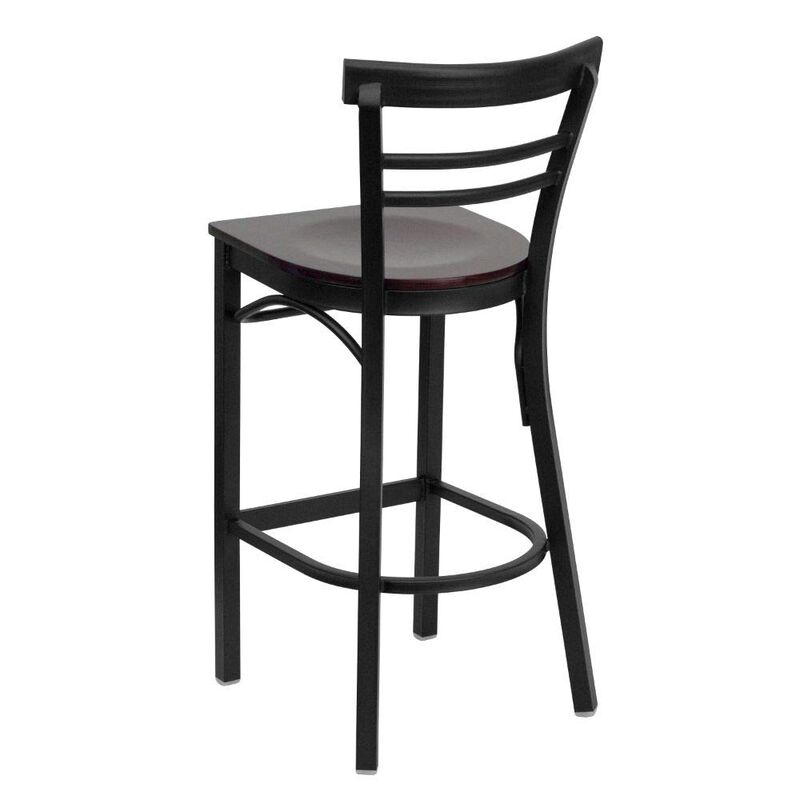 Flash Furniture HERCULES Series Black Two-Slat Ladder Back Metal Restaurant Barstool - Mahogany Wood Seat image number 2