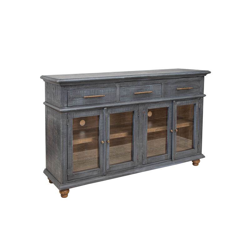 71 Inch Sideboard Console Table, 3 Drawers, 4 Glass Doors, Pine Wood, Blue image number 0