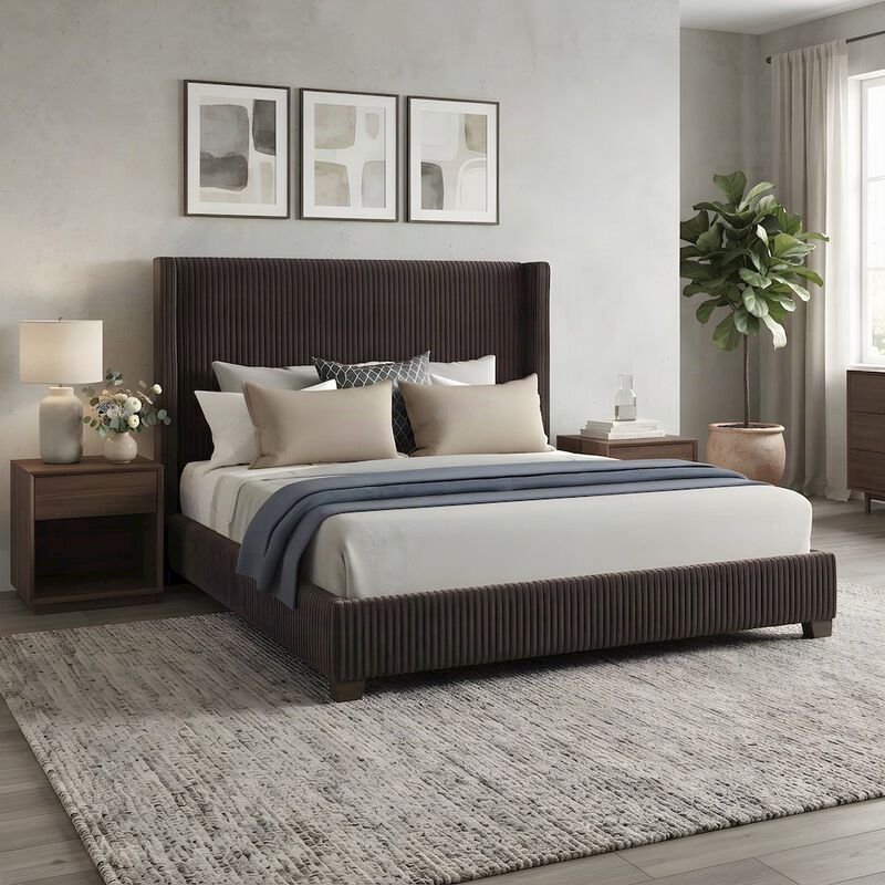 FurniFact Upholstered King Platform Bed Frame and Headboard, Rubberwood image number 4
