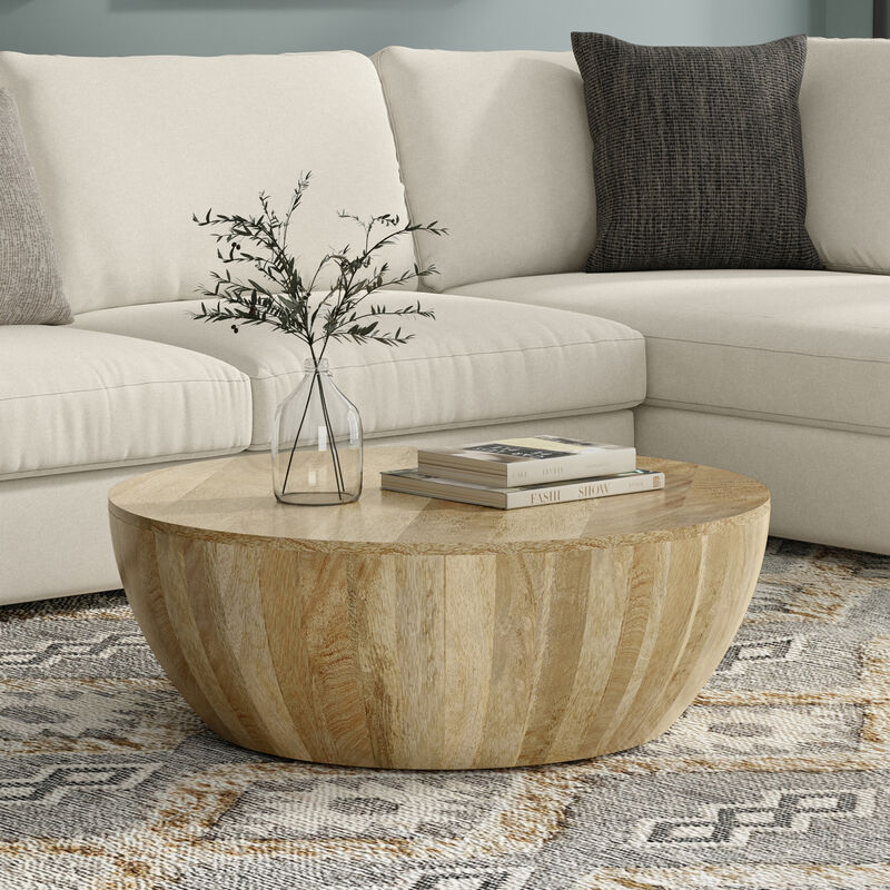 Elmbrook 34 inch Wide Solid Mango Modern Industrial Drum Coffee Table in Natural, Assembled image number 4