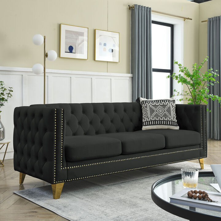 TATEUS Modern Velvet Sofa, Button-Tufted Square Arms & Metal Legs, Bedroom & Living Room Ready