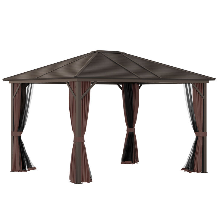 Outsunny 10' x 12' Hardtop Gazebo Canopy with Galvanized Steel Roof, Aluminum Frame, Permanent Pavilion Outdoor Gazebo with Hooks, Netting and Curtains for Patio, Garden, Backyard, Brown