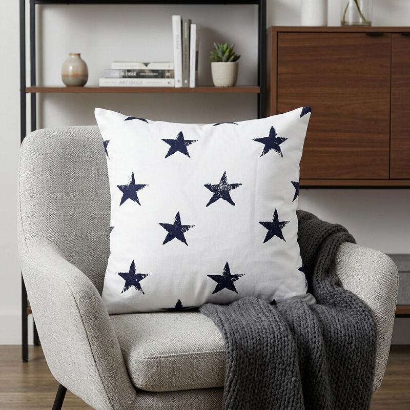 HomeRoots 16" White and Blue Star Cotton Throw Pillow image number 1