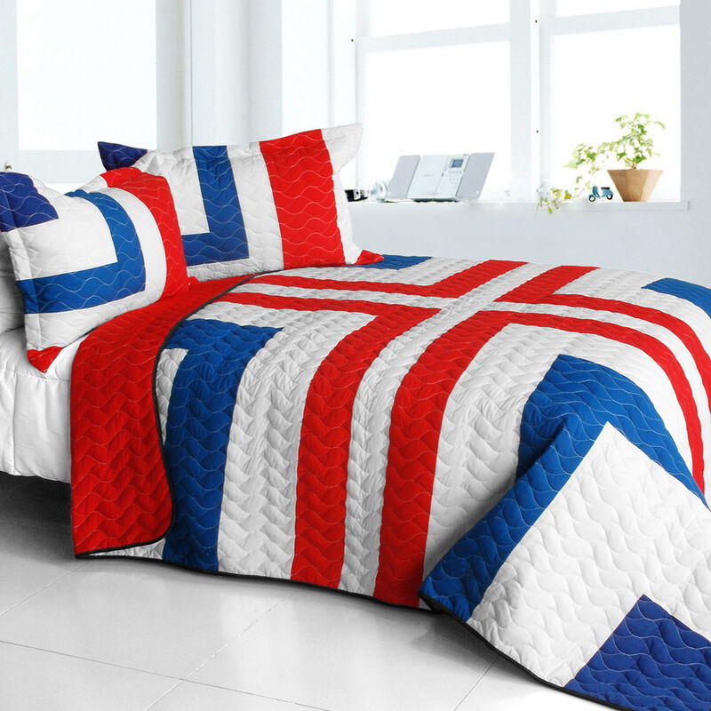 3 Piece Queen Geometric Quilt Set with Patchwork and Quilted Stitching-Red image number 0