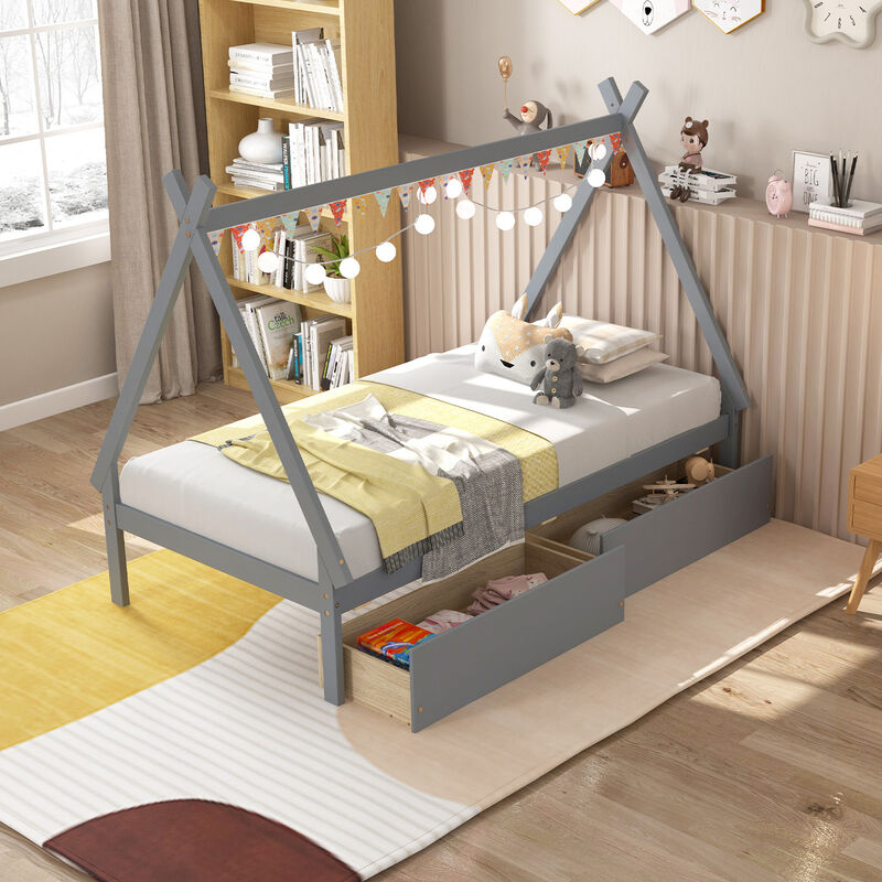 Wooden Tent House Bed with 2 Drawers &ndash; Fun and Stylish Kids&rsquo; Bedroom Furniture