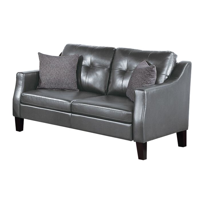 Hera 2 Piece Sofa and Loveseat Set, 4 Pillows, Classic Gray Faux Leather-Benzara
