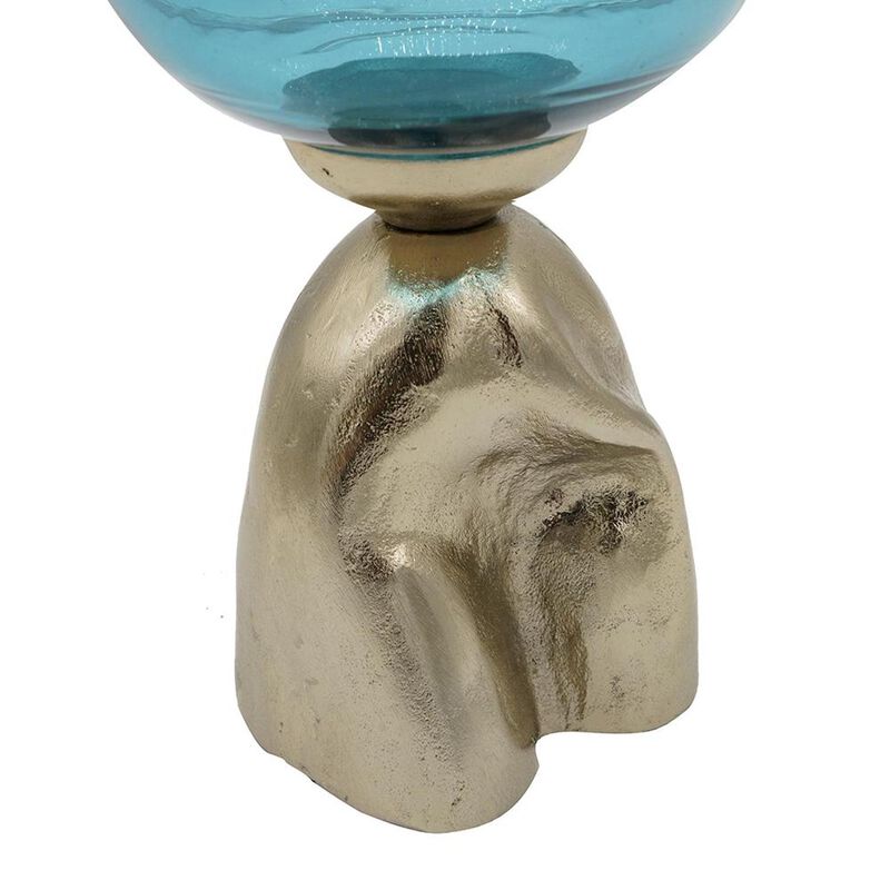 HomeRoots 18" Blue White And Gold Ombre Glass And Aluminum Pedestal Table Vase image number 4