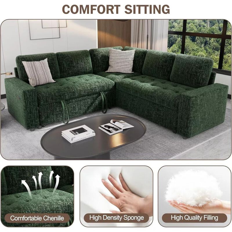 Vipbear 79" 5-Seat L-Shaped Sectional Sleeper Sofa Bed, Chenille Pull-Out Couch with Backrest image number 6