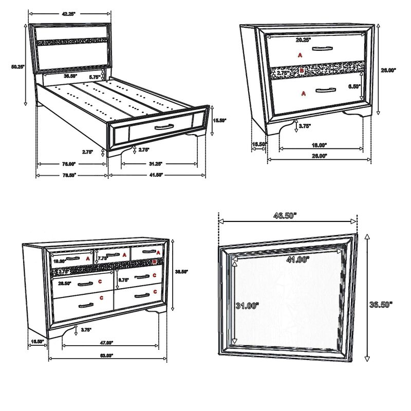 Vino 4pc Twin Bedroom Set, Storage Footboard, White, Glitter Stripes