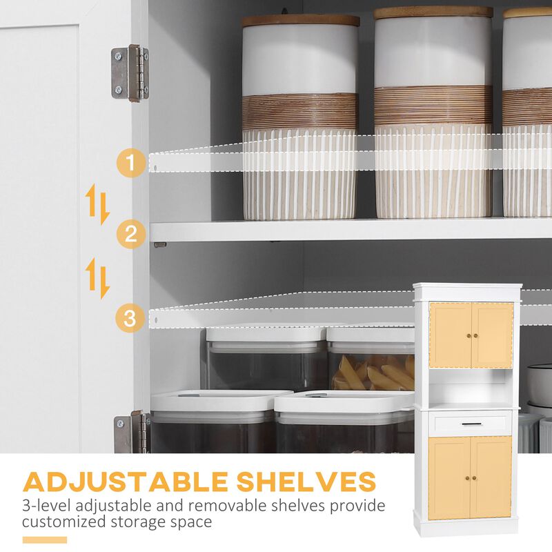 White Kitchen Storage: 72" Tall Freestanding Hutch with Shelving & Drawer