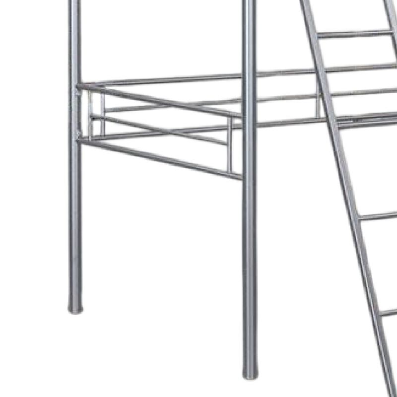 Mylz Twin Loft Bed, Silver Metal Frame with Attached Angled Ladder