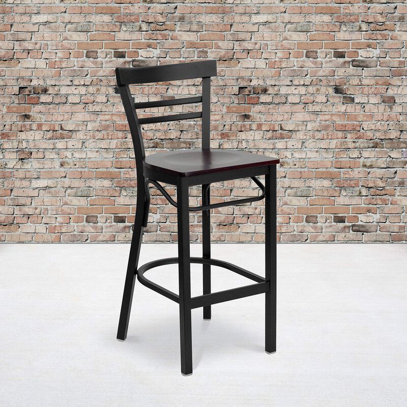 Flash Furniture HERCULES Series Black Two-Slat Ladder Back Metal Restaurant Barstool - Mahogany Wood Seat image number 1