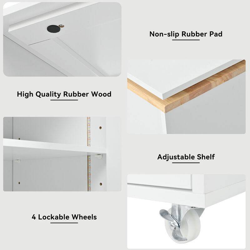 Rolling Kitchen Island With Extended Table, Kitchen island on Wheels with LED Lights,Power Outlets and 2 Fluted Glass Doors, Kitchen Island with a Storage Compartment and Side 3 Open Shelves