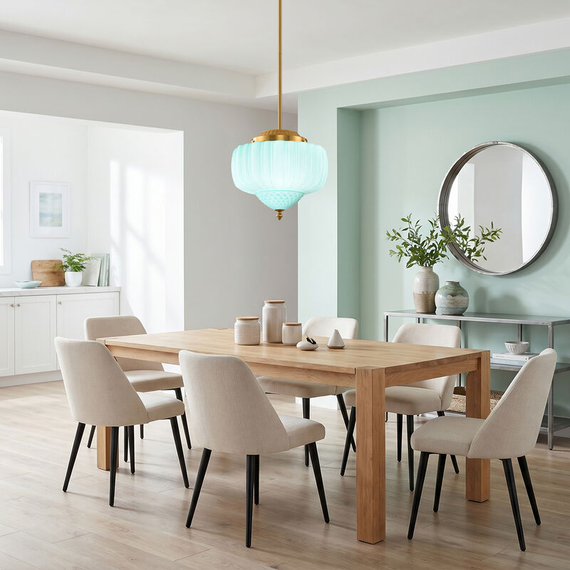 13" Schoolhouse Gold Pendant Light with Mint Green Milk Glass Shade and Adjustable Rod for Bedroom, Living Room or Dining Room image number 3