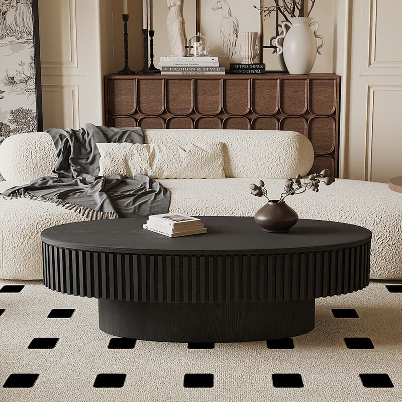 Oval coffee table with storage Solid wood veneer and MDF modern coffee table with fluted base Accent tea coffee table for living room image number 3