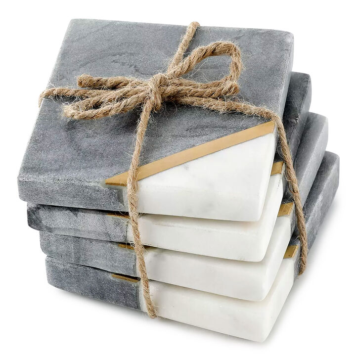 Laurie Gates Marble with Gold Accent Four Piece Square Coaster Set in Grey