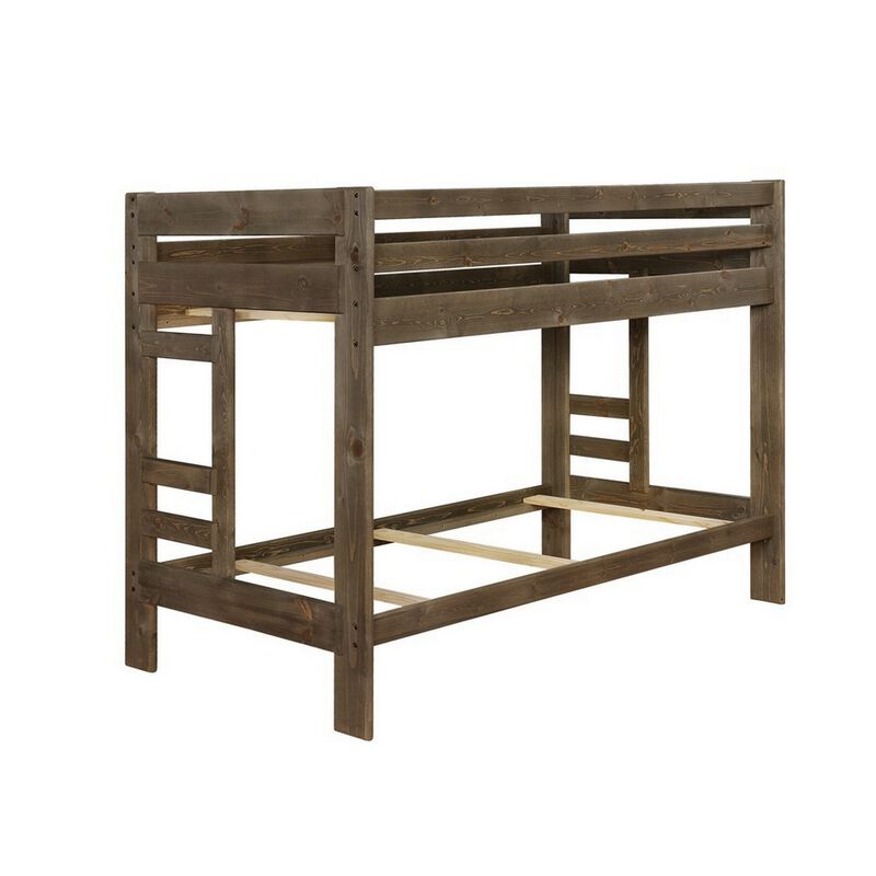 Transitional Style Wooden Twin Over Twin Bunk Bed with Guard Rails, Brown-Benzara image number 1